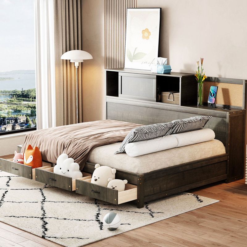 Gray Full Size Daybed With Wooden Construction, Storage Drawers, Upper Soft Board, And Device - Charging Power Supply For Devices Of Wood, Featuring 3 Shelf, Convenient Electronics