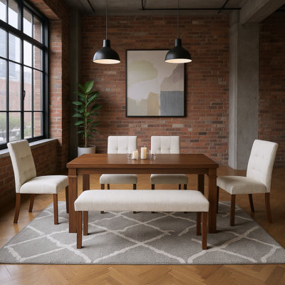 6-Piece Modern Rectangular Dining Table Set with 4 Upholstered Chairs and Bench, Space-Saving Design, Available in Natural or Walnut Finish
