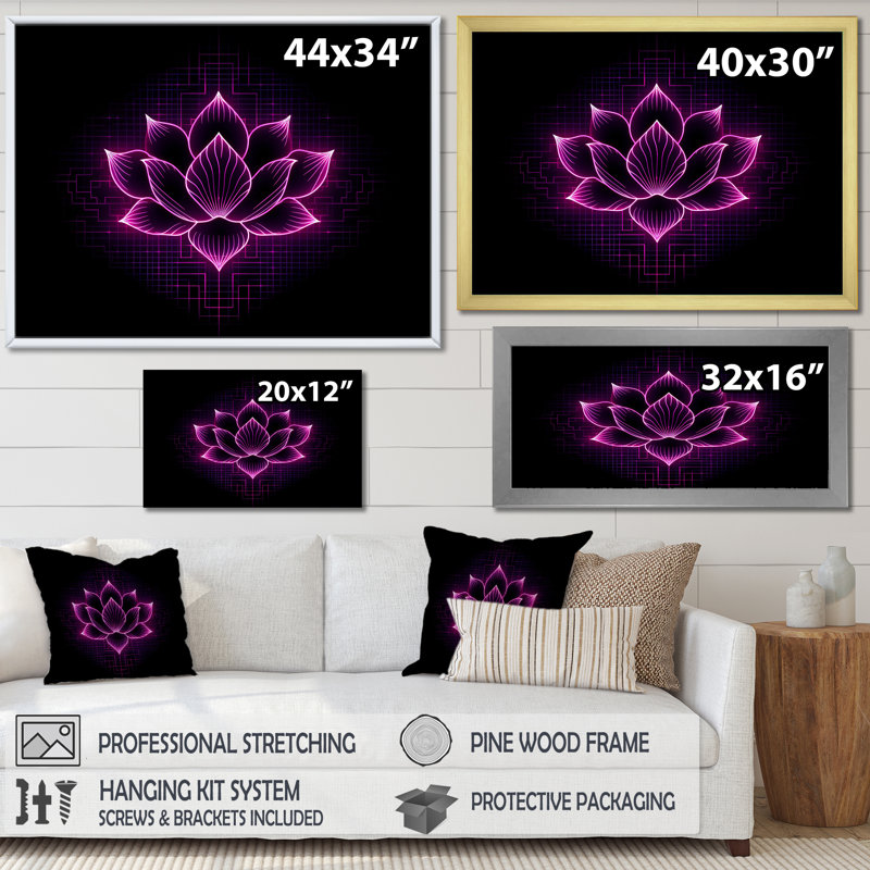 Imprimé de lotus néon mauve et rose futuriste, H 24 po x l 32 po x P 1 po, Cadre doré à une seule photo