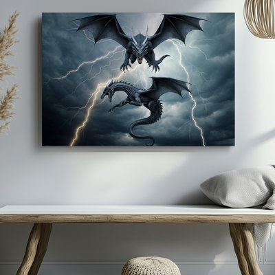 Canvas A Dramatic Scene Depicting Two Majestic Dragons Soaring Through A Wall Art Tempestuous Sky Their Powerful Wings Outstretched Canvas Wall Art