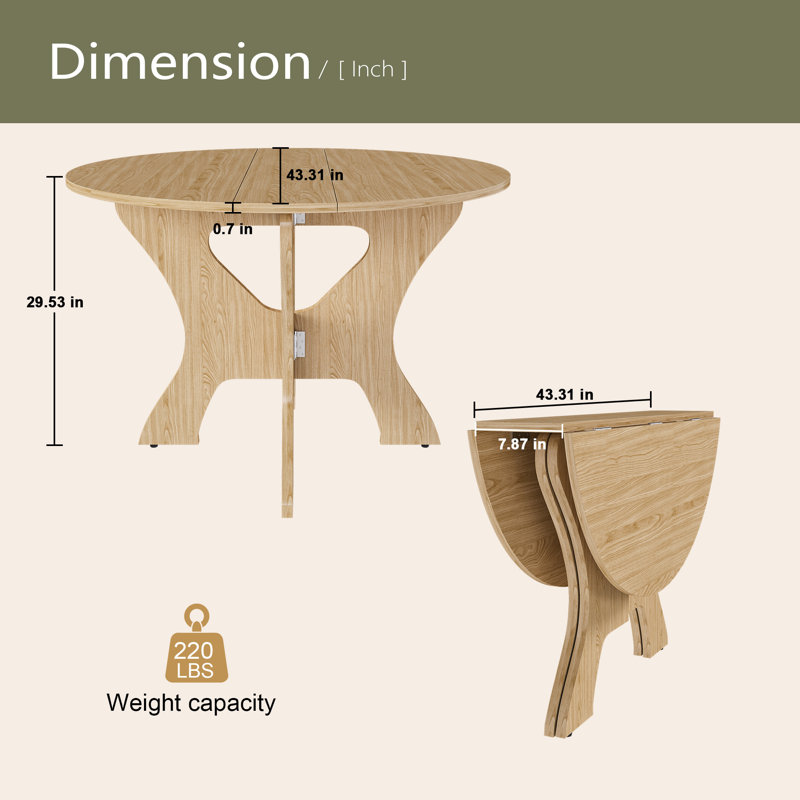 Table de salle à manger pliante 43 po pour petits espaces, table en panneau de fibres à densité moyenne, Chêne antique