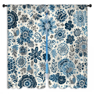 Blue Gray Floral Pattern Window Curtains Floral Sheer & Room Darkening - 2 Panels