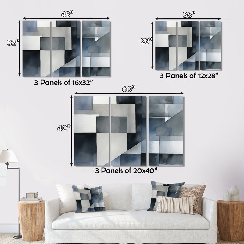 Gris et bleu abstrait zen - impression sur toile tendue 3 pièces, H 28 po x l 36 po x P 1 po