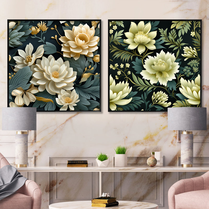 Caledon - Ensemble de 2 collages carrés floraux, Cadre flottant noir, H 16 po x l 33 po