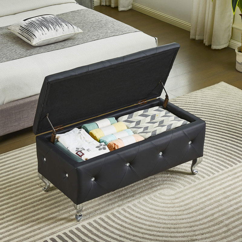 Juilianna Glam Modern Upholstered Storage Bench, Black Faux Leather