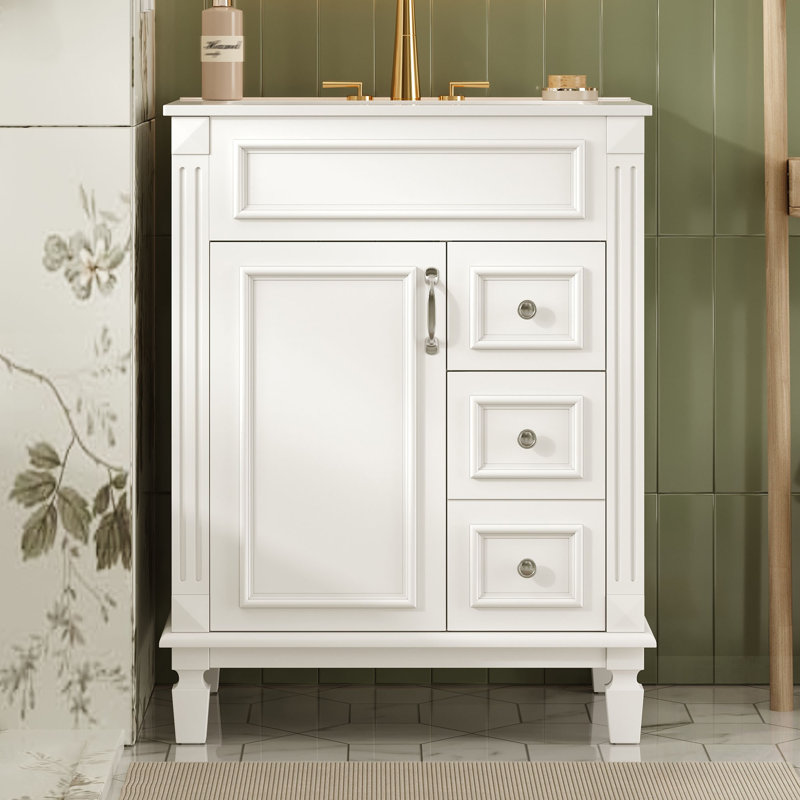 Meuble-lavabo de salle de bain avec lavabo en céramique, conception compacte pour petits espaces, armoire moderne avec 2 tiroirs et tablette réglable