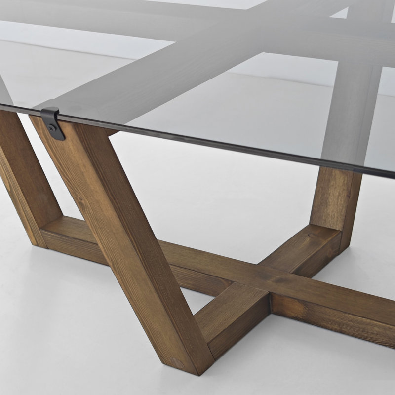 Table basse en verre trempé avec base géométrique en bois massif