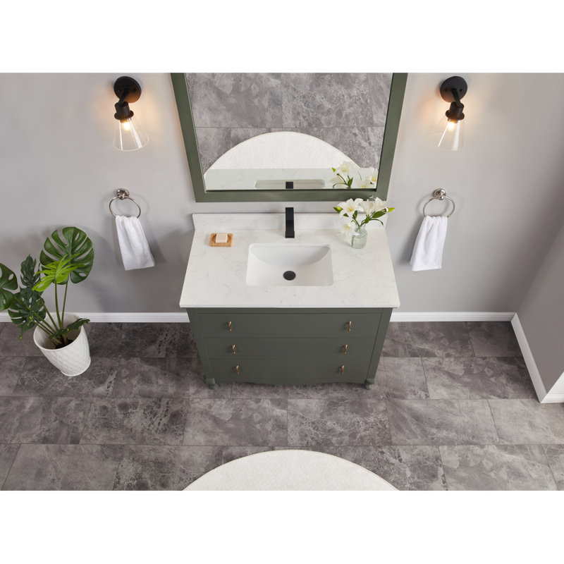 42" Solid Wood Bathroom Vanity with 1" Engineered Marble Top, Single Sink, Pewter Green