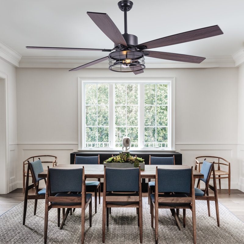 65 Inch Black Farmhouse Industrial Large Ceiling Fan with Lights and Remote, DC Slient Motor 6-Speed Caged Ceiling Fan for Large Rooms