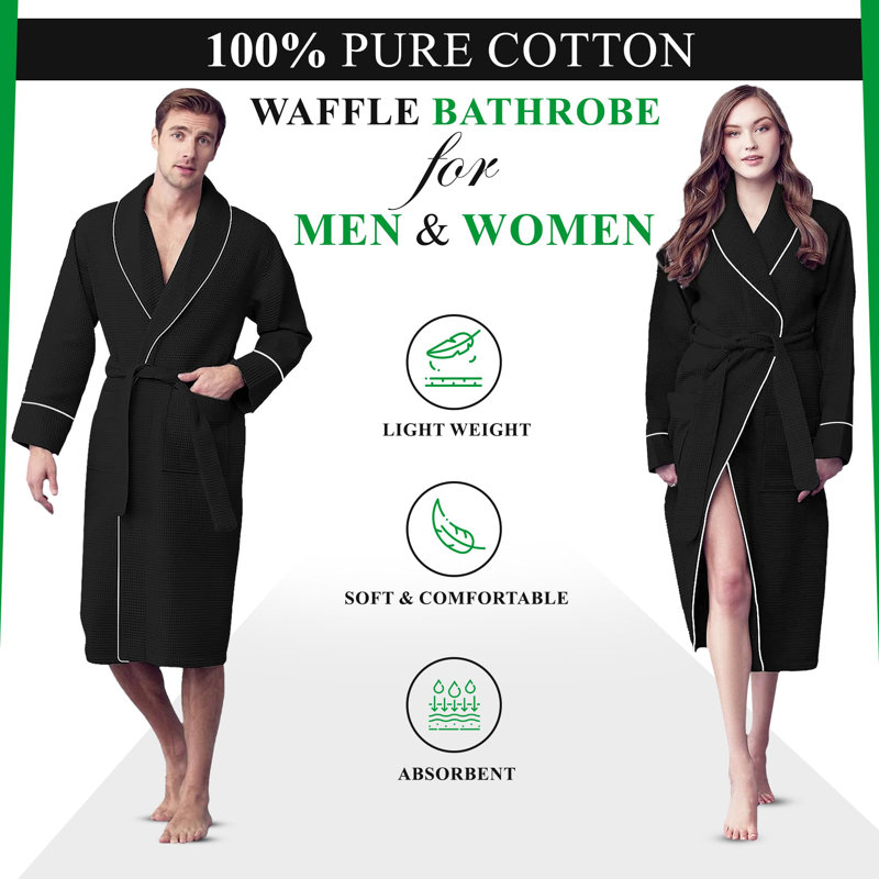 Cotton Waffle Mid-Calf Bathrobe with Pockets, M, Black