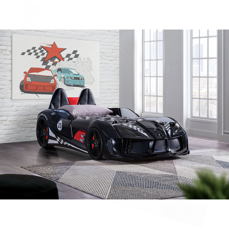 Conception de voiture de course de lit simple de style moderne moderne avec deux portes magnétiques avec lumières DEL sur roues et revêtement inférieur noir
