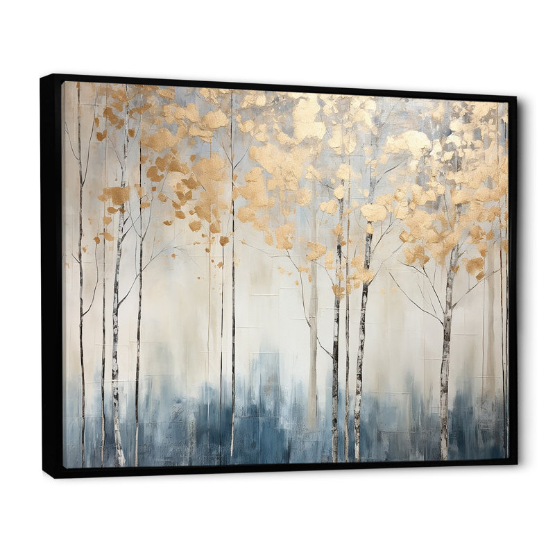 Minimalism Blue And Gold Forest II On Canvas Print, Black Floater Framed, 12" H x 20" W x 1" D