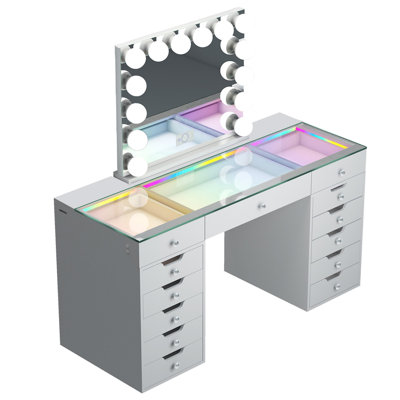 Makeup Vanity Set with LED Lighted Mirror HD Glass Top Built-in RGB Light Strips Large 13 Drawers