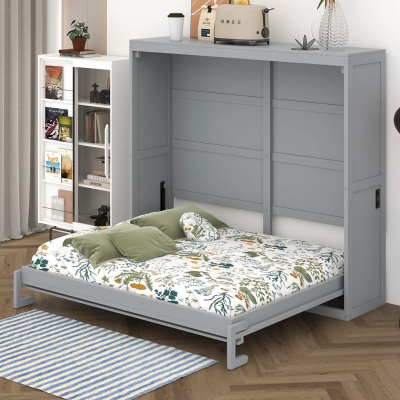 Murphy Bed Cabinet Wall Bed Chest, Gray, Full