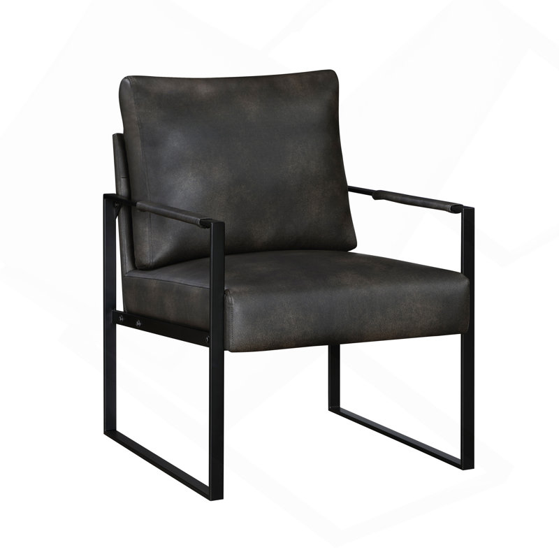 Fauteuil d'appoint rembourré de similicuir gris foncé, structure en métal noir, 1 pièce, confort, durabilité, élégance