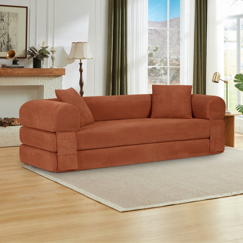 80" Queen-Size Futon Sofa Bed Foldable Couch Bed With 2 Pillows - No Assembly Required, Orange