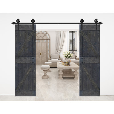 K style Paneled Solid Core Wood Double Sliding Barn Door with Hardware Kit (Set of 2) - Assembly Needed