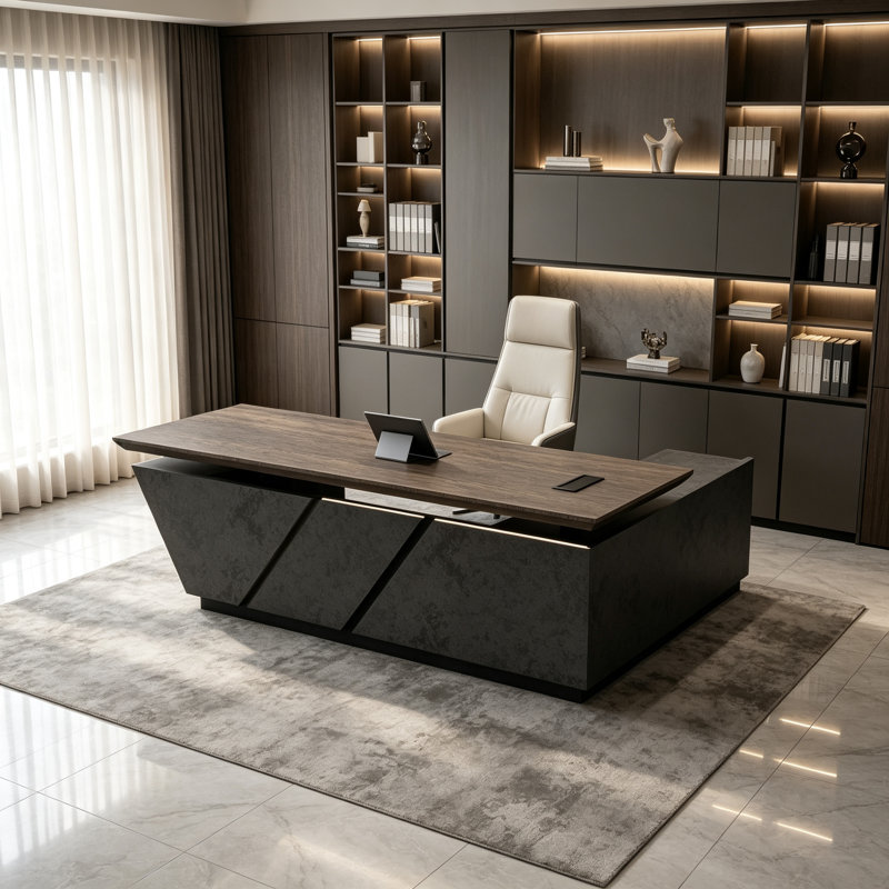 Adjustable Executive Desk - Luxury L Shaped Desk with Drawers, Large Table with File Cabinets, Executive Office Desks with LED Light Strip Home Office Desk for Professionals
