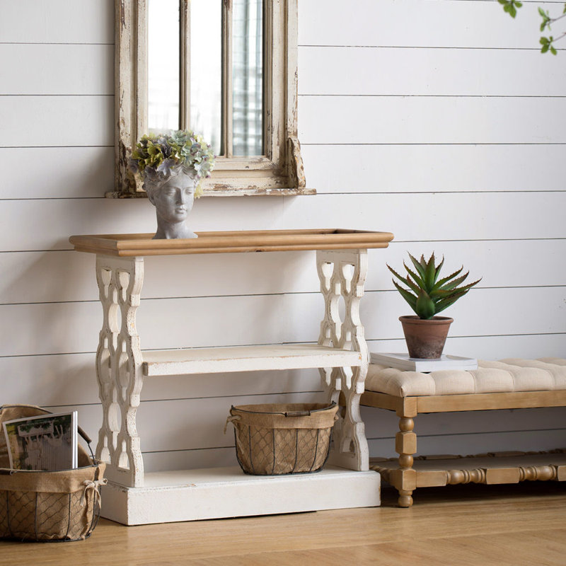 Console 35,5 "x 14" x 32 ", blanc et bois naturel vieilli, console de style champêtre