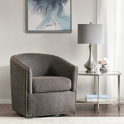 Fauteuil pivotant 360 ° Comfort - structure en bois massif, tissu de couleur chocolat, mousse haute, détails cloutés bronze