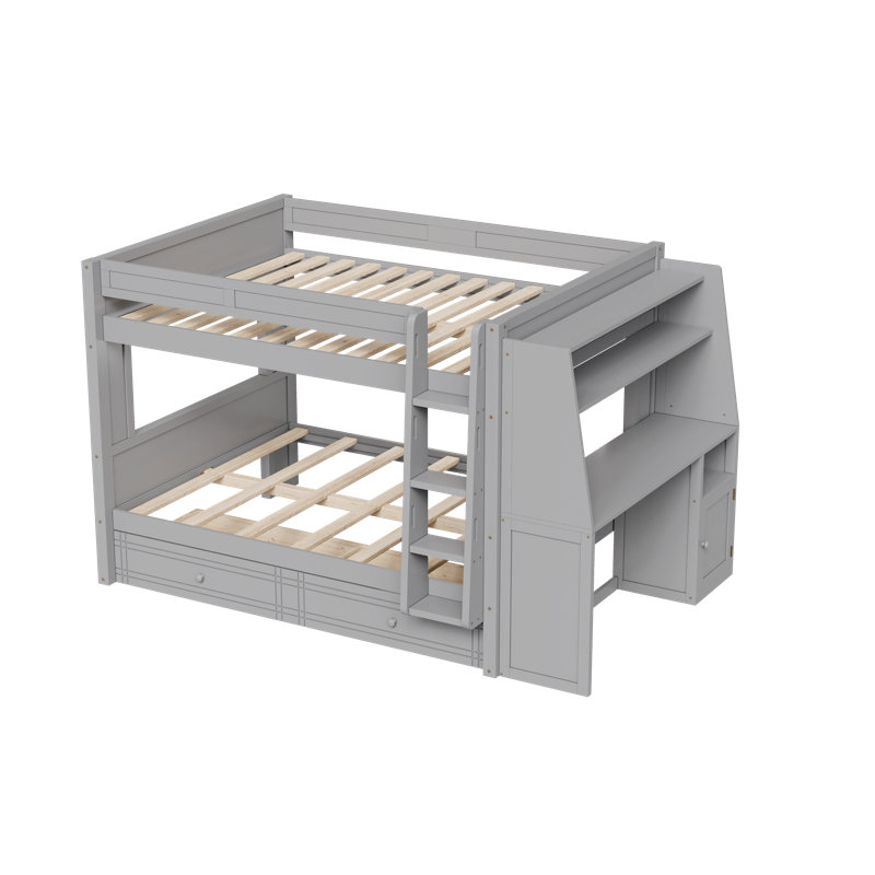 Ivy Wooden Bunk Bed with Desk, Bookshelves & Drawer, Gray