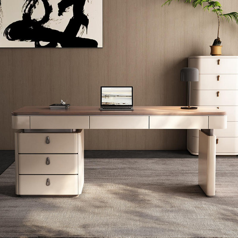 Bureau rectangulaire en bois manufacturé beige avec 6 tiroirs, H 29,53 po x l 70,87 po x P 23,62 po, Retour à gauche