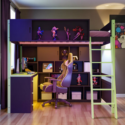 Full Size Loft Bed, Built-In Desk and Full-Back Shelving, Esports-Inspired Design, Modern, Teen Bedroom