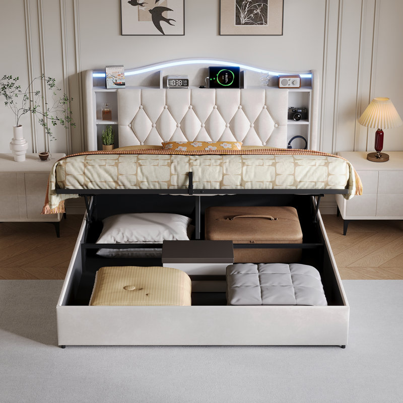 Solid Wood Ottoman Storage Bed, Beige, European Kingsize (160 x 200 cm)