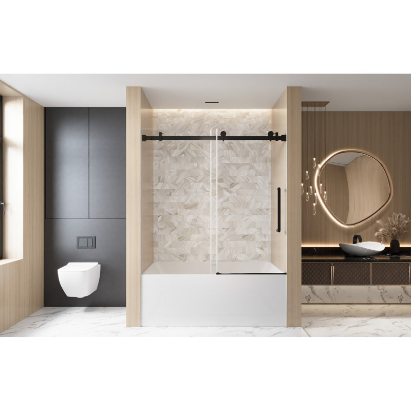 Matt Black Single Sliding Shower Door 56 - 60 "W X 60" H, 1/4 " 6 Mm  Tempered Glass, Proof Film, Stainless Steel Handle, Square Tube Track, American Bathroom Style, Large Wheels For Smooth And