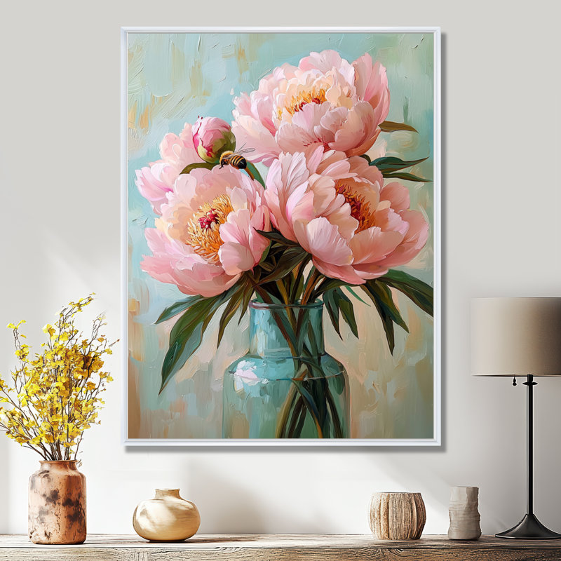 Denali, pivoines roses dans le vase de la ferme - pivoines, art mural sur toile, H 32 po x l 16 po, Blanc
