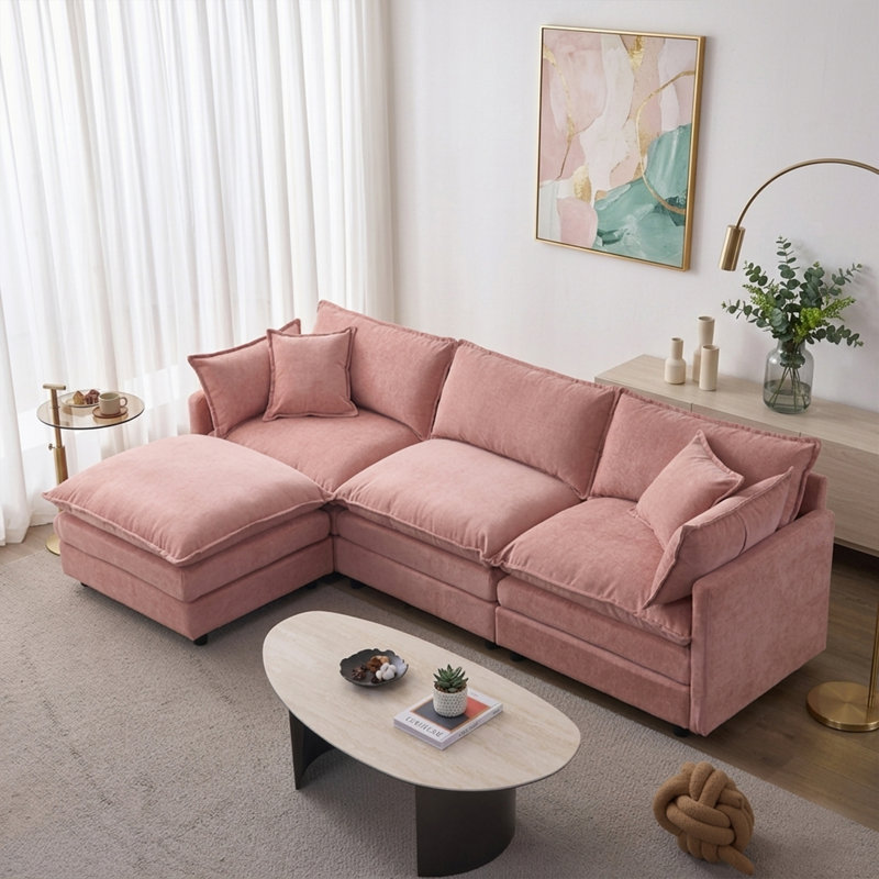 105 Inch Upholstered Sofa, 3-Seater Couch With Ottoman-For Modern Home, Pink