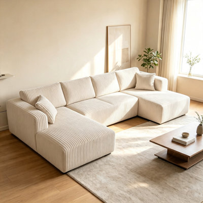 Canapé d'angle modulaire beige en forme de U de 132 pouces, canapé 6 places en mousse compressée effet nuage avec méridienne réversible et poches latérales, revêtement en velours côtelé rayé, mousse et ressorts ensachés pour salon/appartement