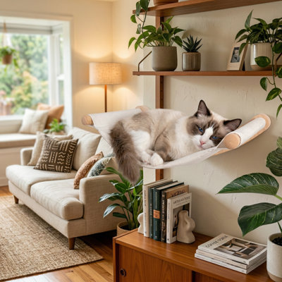 Wall-Mounted Cat Hammock for Large Indoor Cats, Cute Bed Perch Shelf for Sleeping, Climbing & Lounging, Modern Wooden Mount Cat Wall Furniture