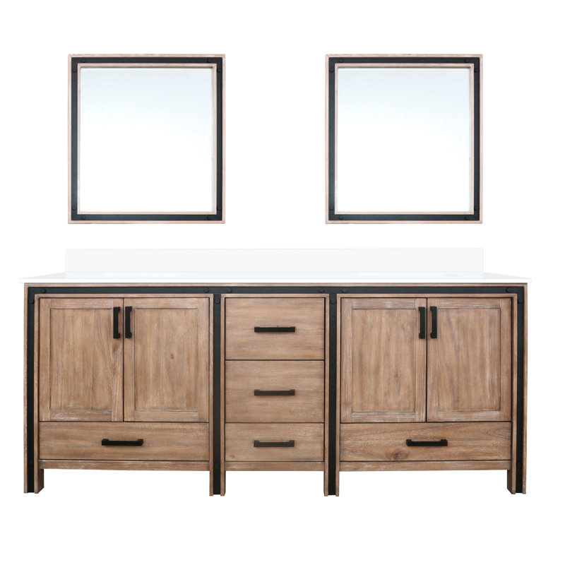 80 po Grand meuble-lavabo double rustique pour la salle de bain, comptoir en marbre de culture, 30 miroirs, conception à fermeture en douceur, deux armoires et cinq tiroirs avec salle de bain 81 W avec fonction de fermeture, grand