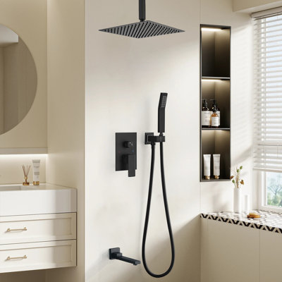 1 jet de 16 po Tête de douche à fixation au plafond fixe et à main avec robinet de baignoire 2,5 GPM noir mat