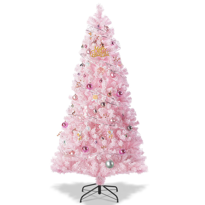 Arbre de Noël artificiel 4,5 pi avec base en métal, 400 branches de Noël enneigées, pin à charnière de qualité supérieure, assemblage rapide, décoration de Noël pour les fêtes à la maison, rose