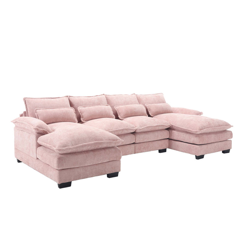 Chenille, high quality sponge filling, solid wood frame, oversized four-seater, U-shaped combination sofa, Chenille - Pink