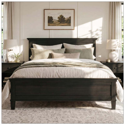 Lit plateforme moderne en bois, cadre de lit de style campagnard avec tête de lit et support à lattes de bois, aucun sommier nécessaire