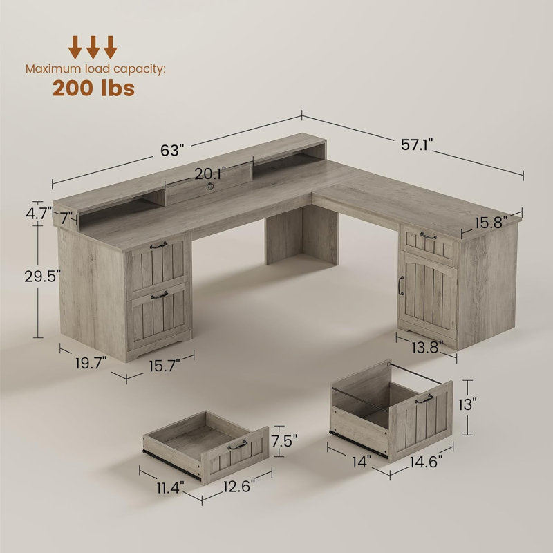 63" L Shaped Desk With Drawers, Farmhouse Corner Computer Desk, Gray/Gray