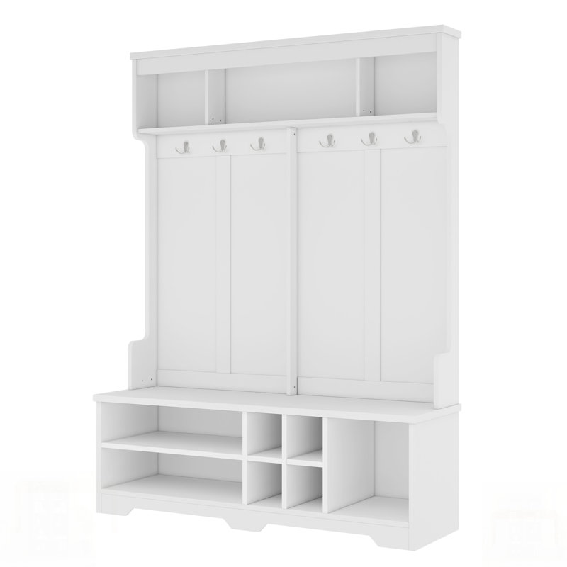 Modern Hallway Hall Tree With Metal Hooks And Storage Space, Multi-Functional Entryway Coat Rack With Shoe Cubbies, White