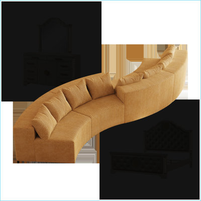 Canapé modulaire, canapé incurvé modulaire en velours côtelé avec 4 coussins pour le salon Chambre à coucher | Jaune moutarde | Velours côtelé