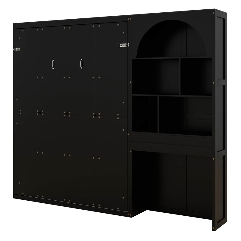 Lit escamotable Murphy avec armoire arquée, cadre de lit mural pliable à DEL avec tiroir, Noir