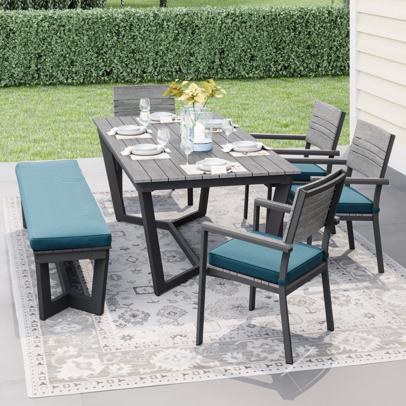 Abby 78.74'' Rectangular 6 - Person Outdoor Dining Set with Cushions, Peacock/Gray
