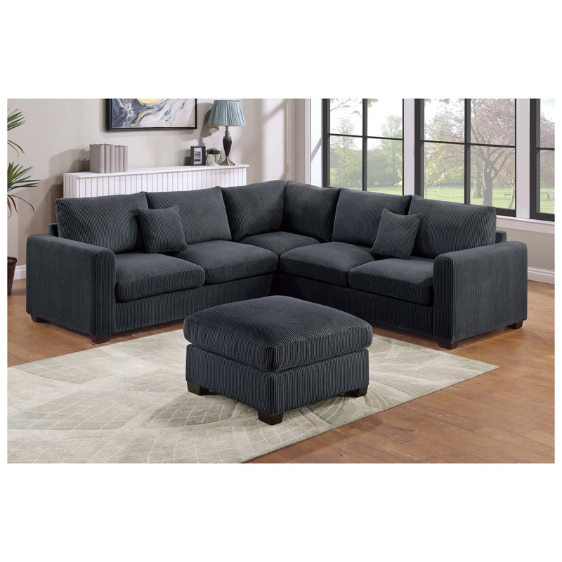 Ensemble de canapé modulaire en forme de L de style moderne avec repose-pieds 4 pièces avec accoudoirs carrés en velours côtelé et finition noire