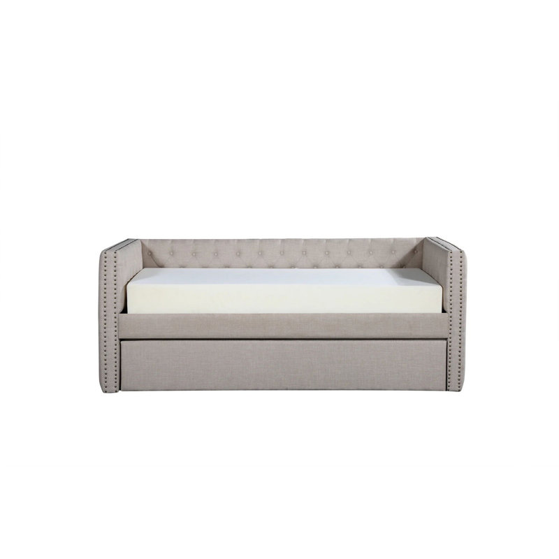 Trace Trundle Daybed, Fabric Upholstery, Chesterfield, Nailhead Trim, Beige, 43.5L x 88.75W x 34H