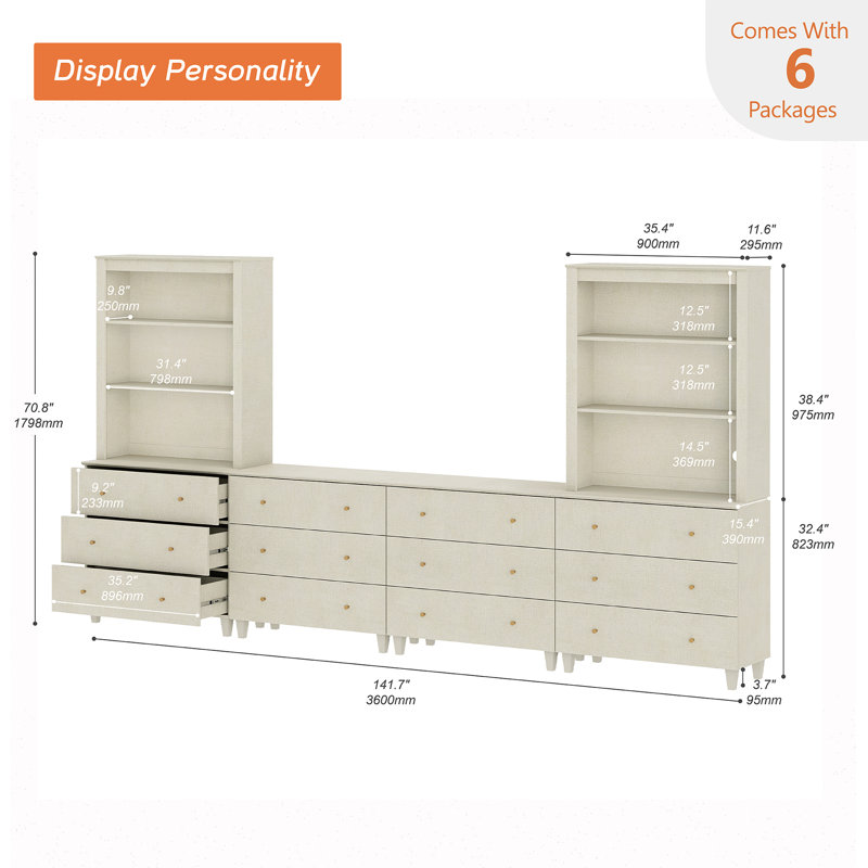 Lysiane Entertainment Center And Bookshelves Set With Drawers For 75" Tvs, Oak