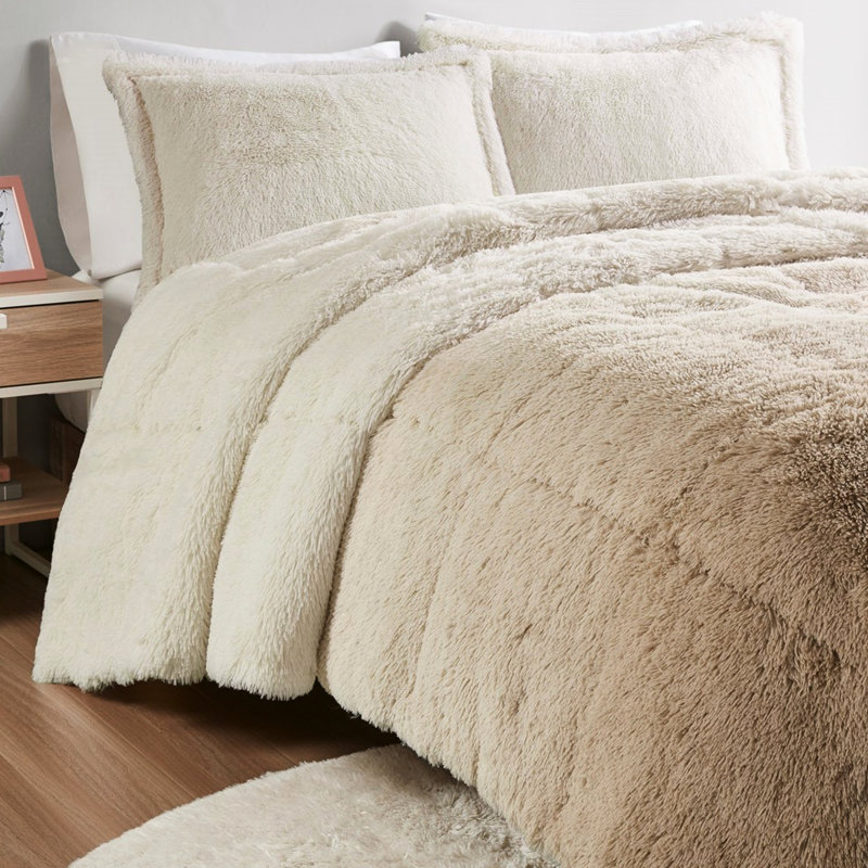 Édredon grand et long à poils longs grand rembourré en fausse fourrure, 2 taies décoratives assorties
