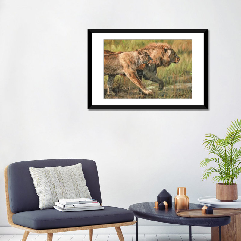 «Lion and Lioness», impression sur toile, H 24 po x l 32 po x P 1 po, Papier d'art encadré noir, Blanc
