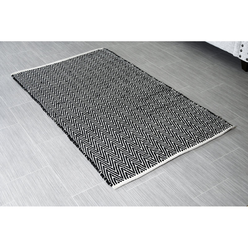 Tapis blanc / noir en coton à chevrons noué à la main, Rectangle 3 pi x 5 pi