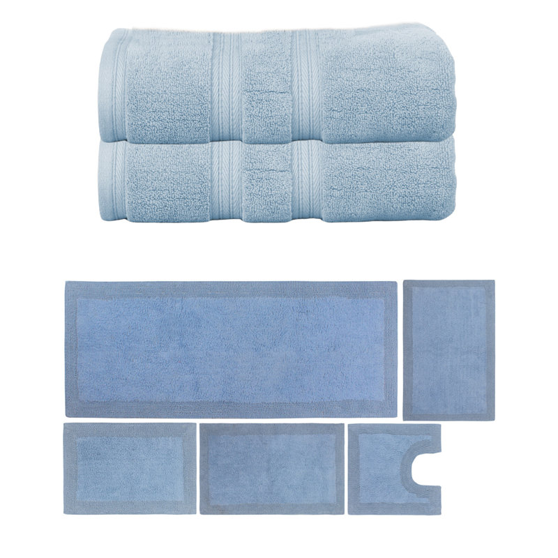 Buariki Collection 100% Soft Cotton 2 Pc Bath Towel Set & Bath Rug Set, Reversible, Blue